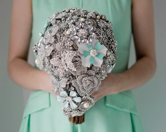 Custom Silver Brooch Bouquet, Bridal Bouquet, Wedding Bouquet, Cascading Bouquet, Teardrop Bouquet, Seafoam Brooch, 8inch Bouquet