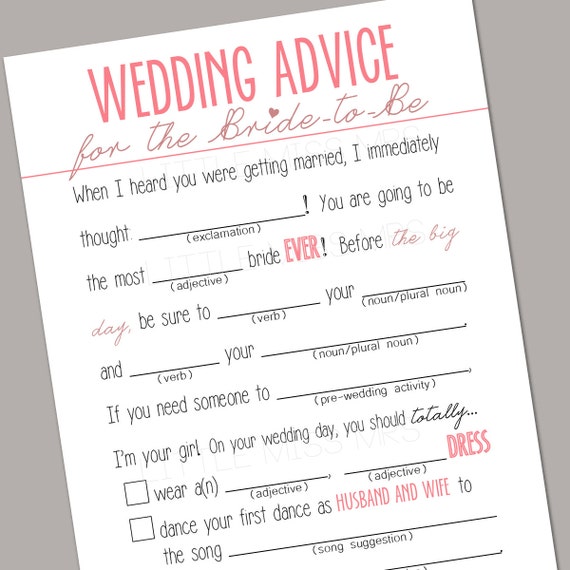 Printable "Wedding Advice" Mad-lib Bridal Shower game (pink)