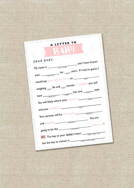Printable Mad-lib Baby Shower game // A Letter to BABY // pink, blue, yellow, gray