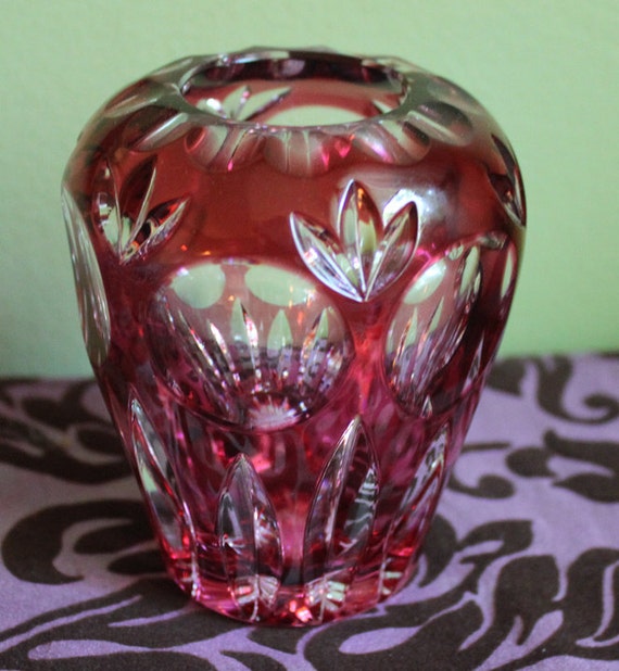 Vintage Crystal Vase. Ruby Red Crystal Cut to White Vase.
