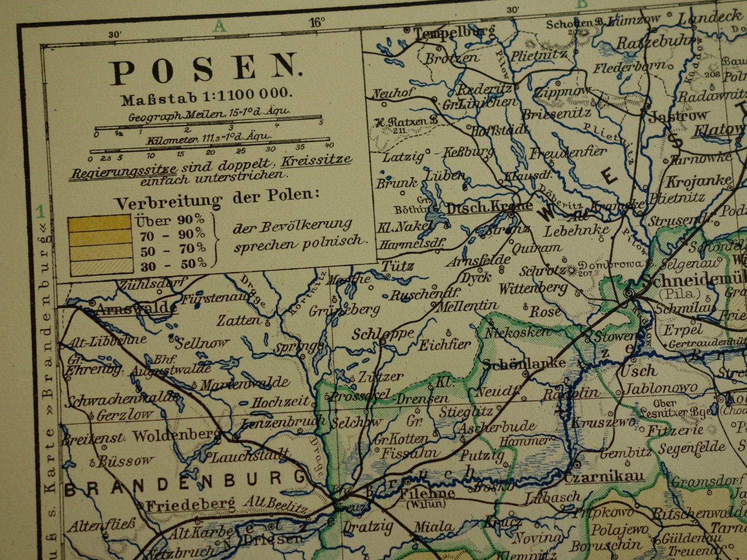 Old map of Posen Germany province 1913 original vintage poster