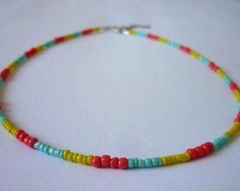 Beaded Choker Necklace, Dainty Seed Bead Necklace, Blue Pink Yellow Necklace, Candy Necklace, Colorful Choker, Short or Long Beaded Necklace