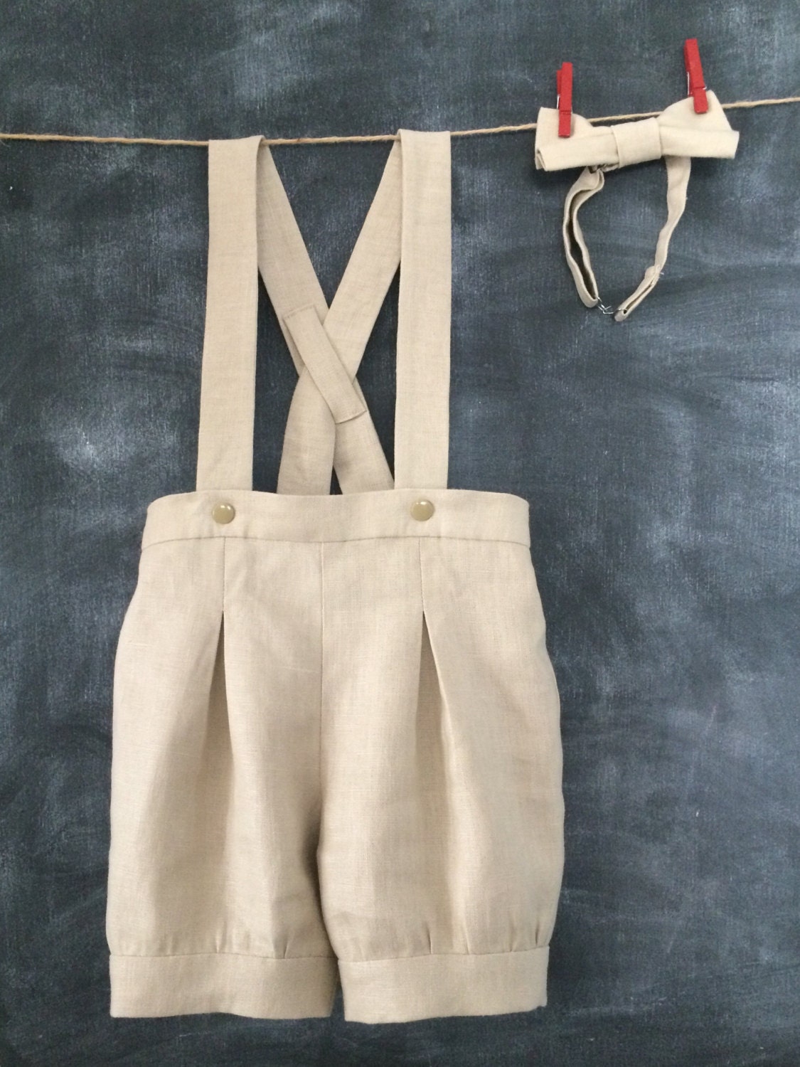 Pleated Linen Baby Shorts With Suspenders & Matching Bow Tie