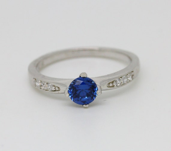 Lab Blue sapphire solitaire ring available in white gold or