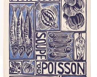 fish gift idea-recipe on tea towel-seaside gift-fish cook-french fish-angler-marine life-salmon-recipe towel-foodie gift ideas-fish lino cut