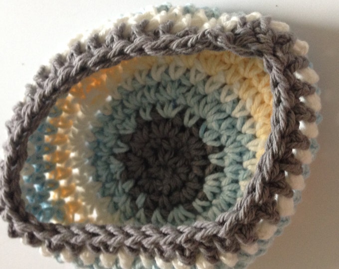 blue, yellow white & grey crochet cap size 3 months