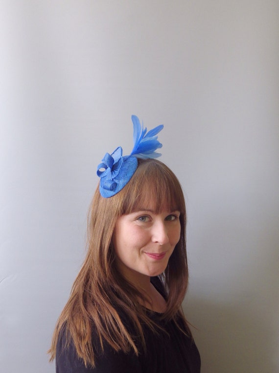 Blue Fascinator Cocktail Hat. Sinamay Straw Head Piece