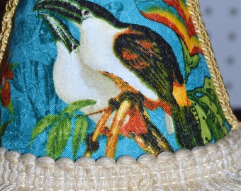 SHABBY CHIC Tropical Bird Night LightTropical Bird Fabric Covered Shade With Fringe Trim
