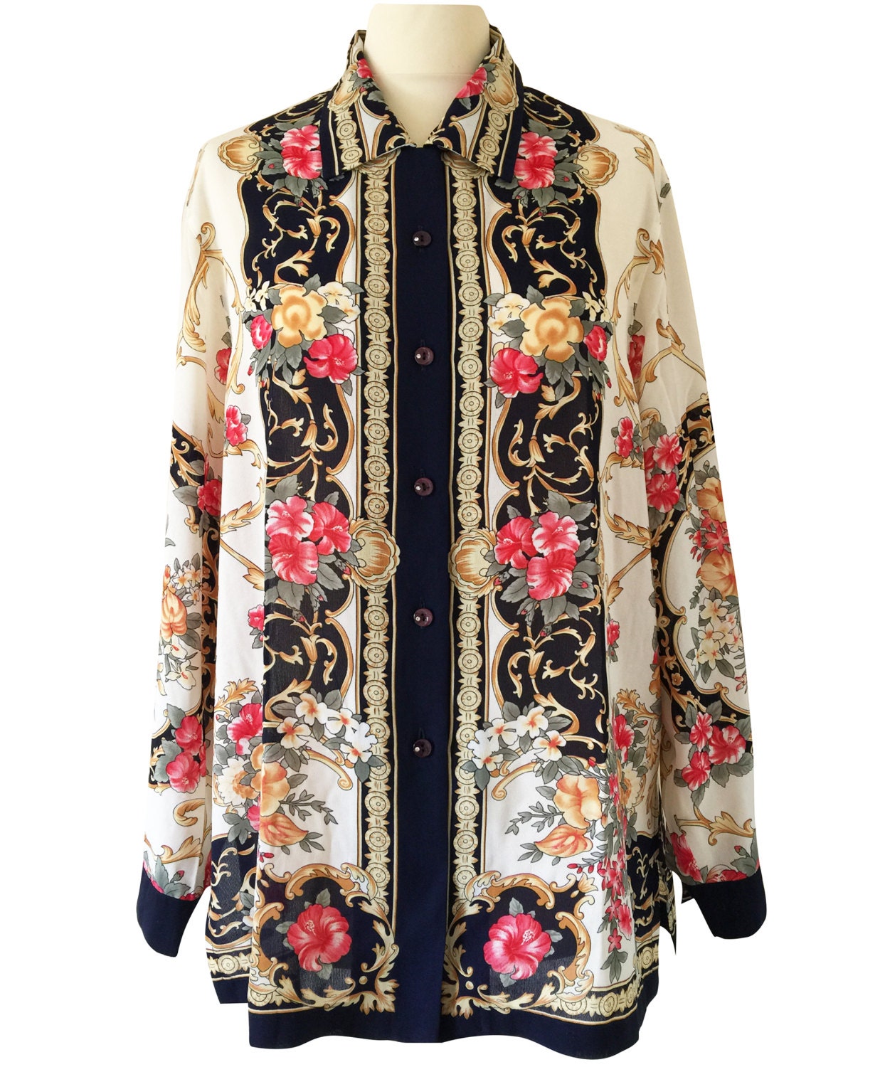 Vintage Flowers Print Long Sleeves Shirt, Over sized Shirt, Baroque ...