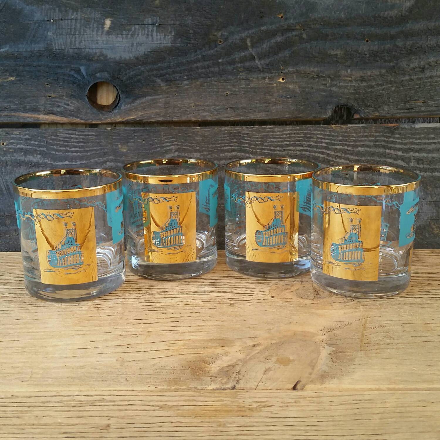 Vintage Gold Rimmed Steamboat Glasses, Serving, Bar Cart Accessories