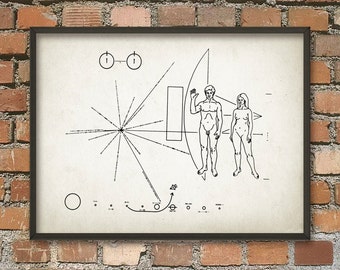 NASA Pioneer 10 Space Probe Plaque - Unmanned Space Exploration - SETI Alien Greeting - NASA Jet Propulsion Laboratory - Spacecraft Poster