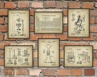 Science Patent Prints Set of 6 - Chemistry Wall Art - Periodic Table Microscope Laboratory Equipment Poster Set Of 6 - Chemist Gift Idea