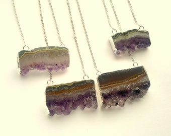 Silver Edged Amethyst Slice Necklace Rough Raw Crystal Pendant Silver Amethyst Rough Raw Purple Stone Crystal Cluster Amethyst Jewelry Boho