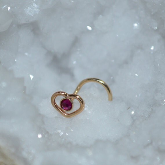 2mm Ruby Nose Ring Stud - Gold Heart Nose Piercing - Nose Stud - Helix Earring Stud - Tragus Jewelry - Cartilage Hoop - Conch Piercing 18g