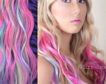 Clip In REMY Human Hair Extensions 20" Blonde with Pastel Pink Purple & Blue ...