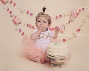 Baby Girls 1st Birthday Outfit - Blush Peach Tutu Gold Cursive One With Gold Bow - Baby First Bday Outfit - Baby 1st Bday - Cute Bday Outfit