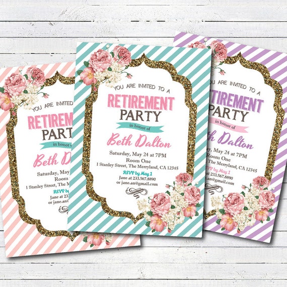 Retirement invitation. Woman. Elegant floral pink teal