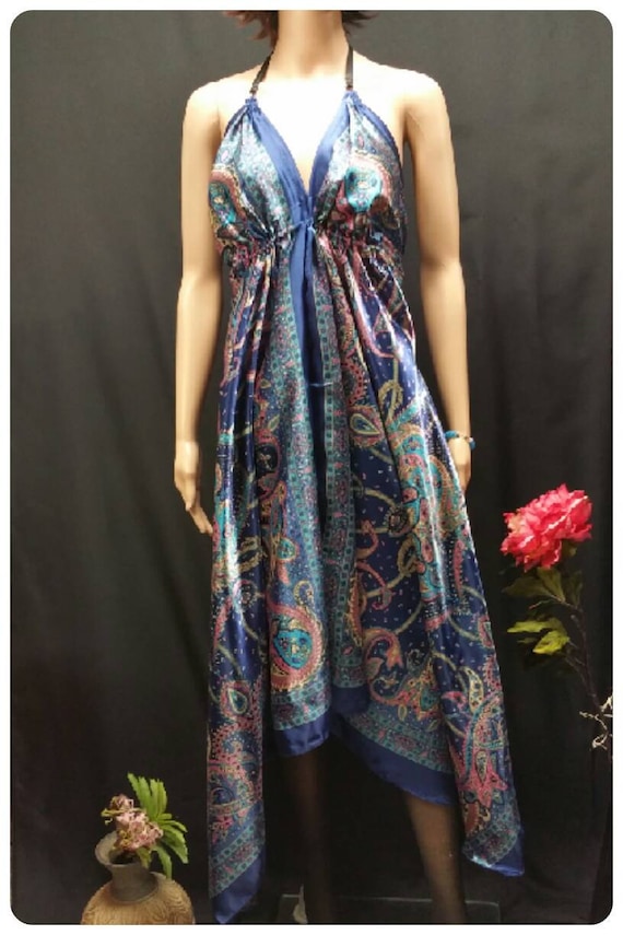 Satin scarf dress blue paisley printed asymmetric by CreatedByMK