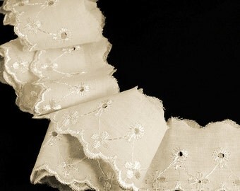 Broderie Anglaise Cotton Edging Trim, Vintage Style, Ivory Cream, Scalloped Edging, Satin Stitch Cutwork, 50mm wide, choose length, BA010