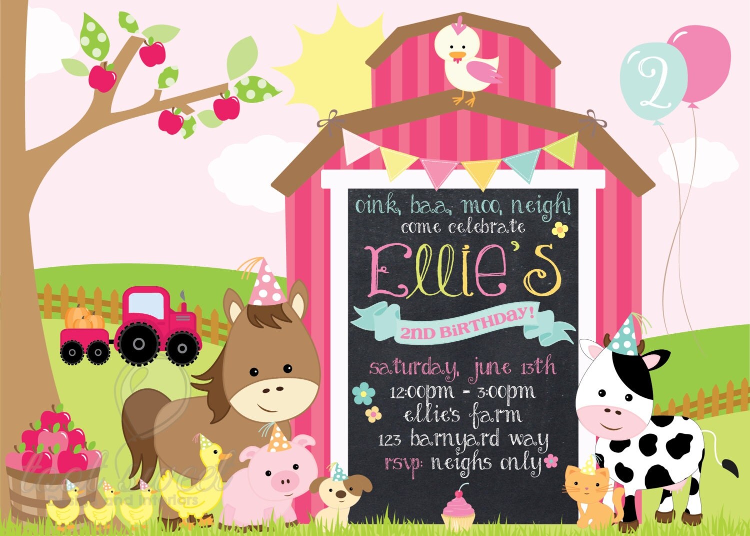 Printable Girly Farm Birthday Invitation Farm Animal
