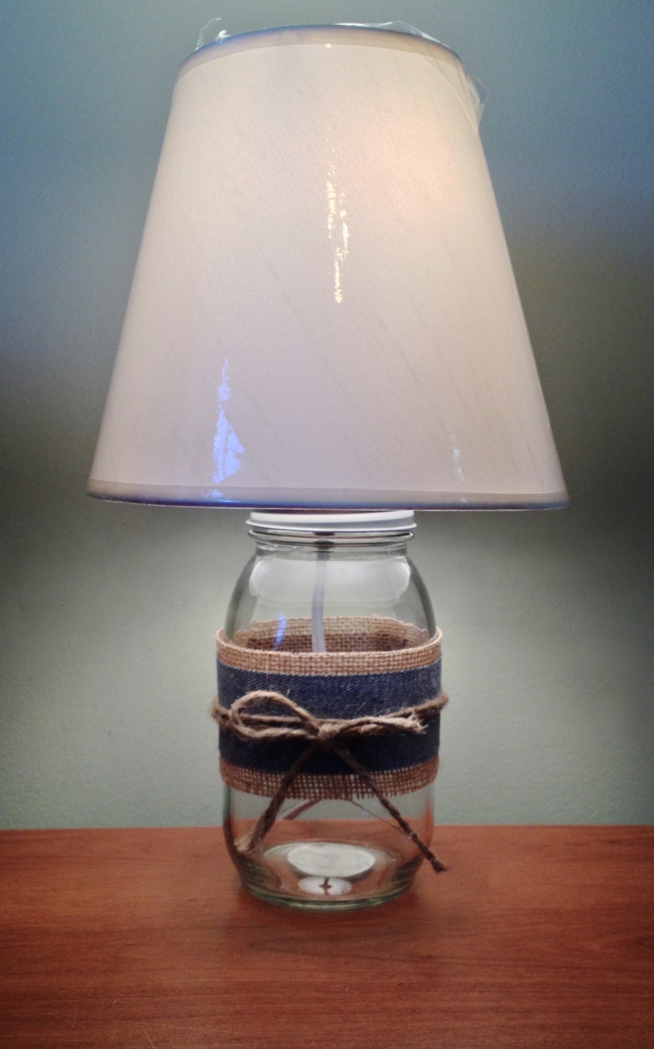 Mason Jar Table Lamp with burlap and denim wrap Small Table