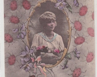 Porte Bonheur French C 1910 Postcard Teeming With Ladybugs, Portrait Of Young Girl In Center