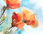Watercolor Painting Art Print, Poppy Flowers Painting, Orange and Sly Blue, Watercolour Wall Art Watercolor Painting Art Print, Poppy Flowers Painting, Orange and Sly Blue, Watercolour Wall Art