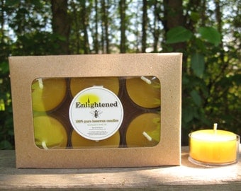 Pure beeswax tealight candles. 6 tealights in a box. Boxes are recycled kraft paper. Unbleached Cotton wick. 100% pure beeswax.
