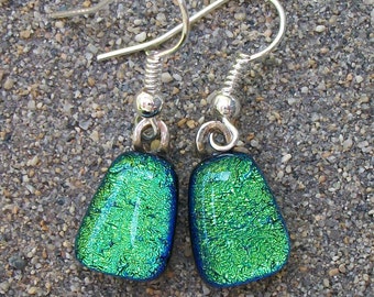 Petite light green dichroic glass dangle earrings
