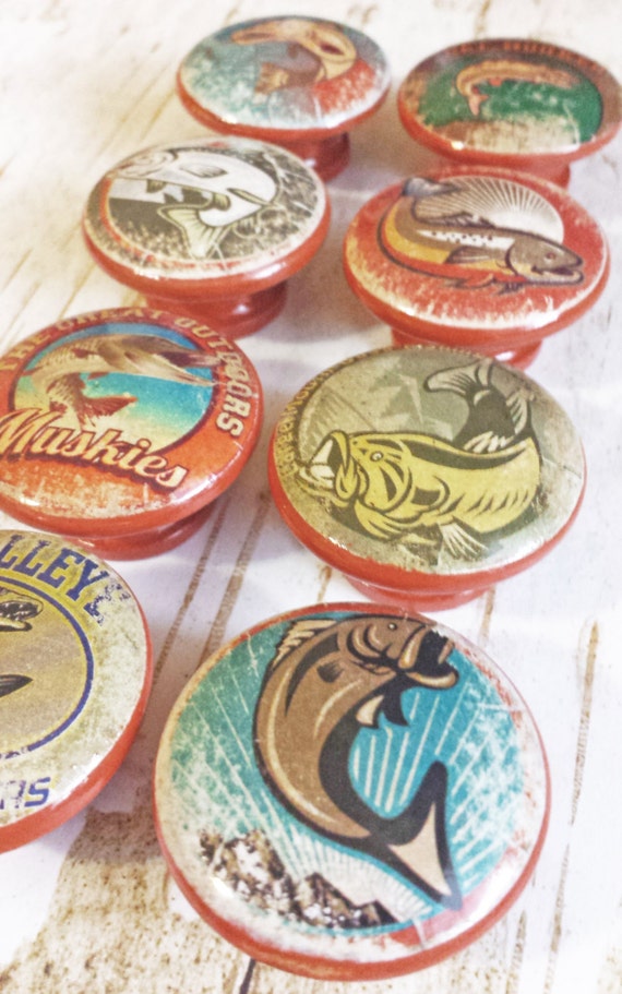ON SALE Fishing Knob Drawer Pulls 8 Handmade Fish by WoodlandCrew