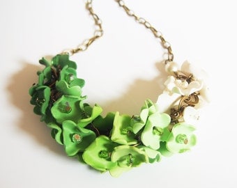 Green Necklace Flower Necklace ( ombre green ombre necklace bib necklace bridal jewelry floral jewelry polymer clay jewelry floral necklace)