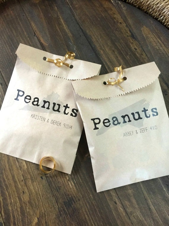 Personalized brown paper peanut bags to be used as wedding
