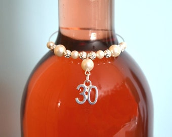 30th Anniversary Wine Bottle Charm, 30 Year Anniversary Gift, 30 Wedding Anniversary, Swarovski Crystal, Pearl Anniversary, 30th Birthday