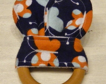 Butterfly- Bunny Ear Organic Teething Ring/ Fabric and Wood Teething Ring/ Crinkle Teething Toy