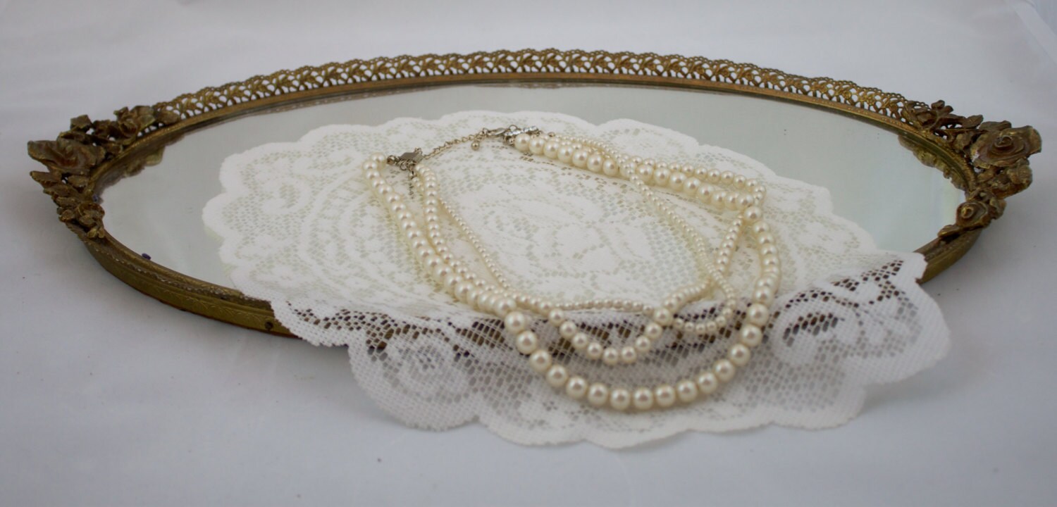 Vintage Rose Decorated Mirrored Perfume Tray Filigree Gold Platter