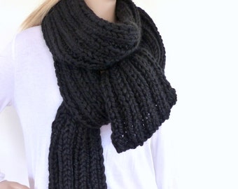Black Chunky Knit Scarf Black Mens Scarf Womens Knit Scarf