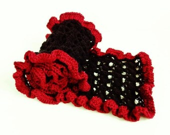 Crochet Scarf Red Black , Handmade Knitted Long Lacy Ruffled Edge Scarf Wrap , Discontinued FINAL SALE ITEM Was 24.00