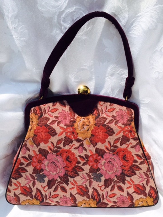 Items similar to Vintage Purse Floral Fabric Tapestry Needlepoint