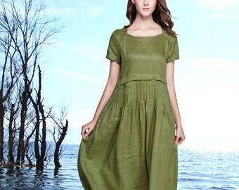 Linen Tunic Dress In Green,Maxi dress, linen dress woman, Green dress, flowy dress, short sleeve dress / Summer Linen Dress,pleated Dress