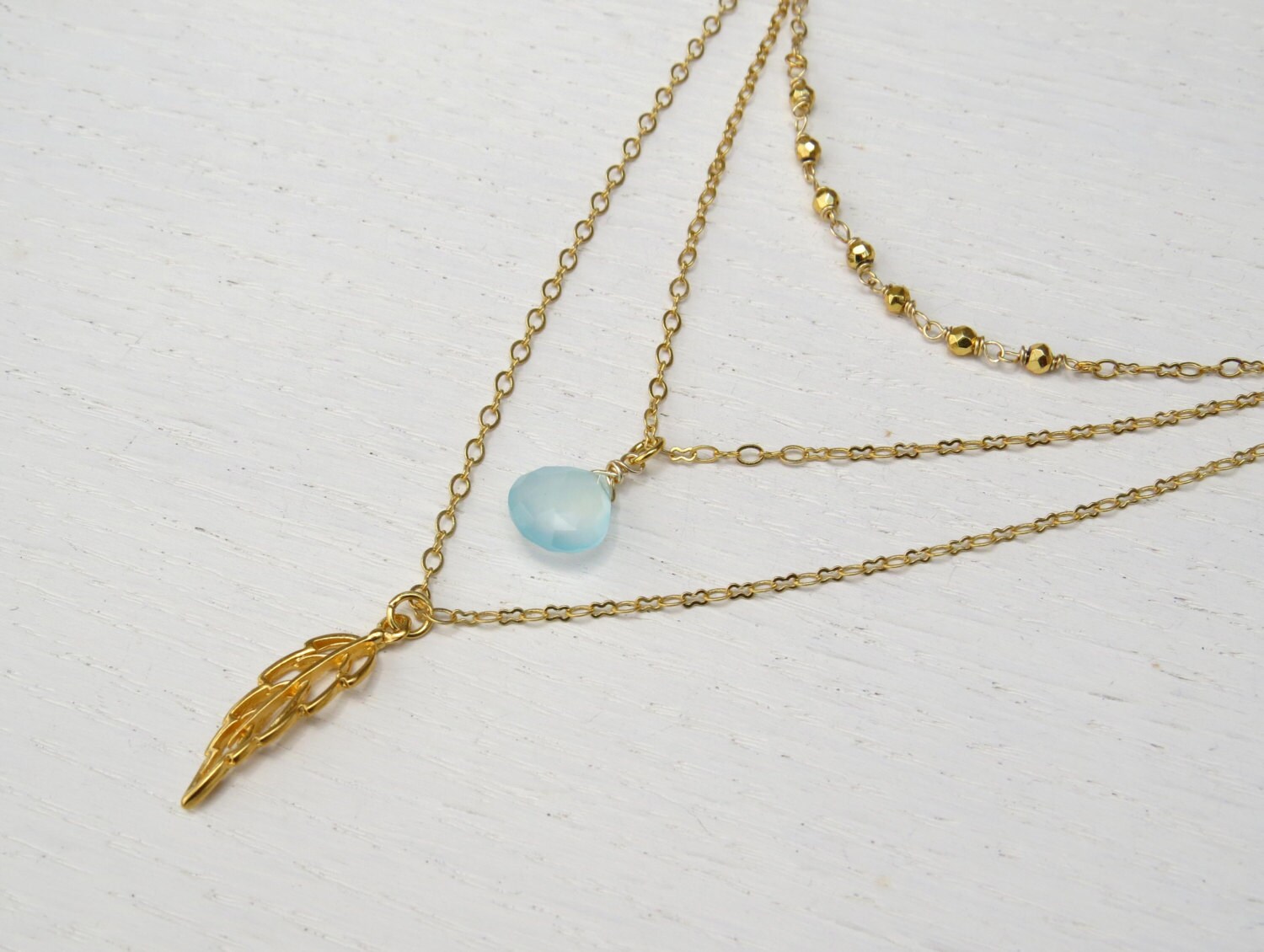 Triple strand necklace Gold layered necklace set Aqua