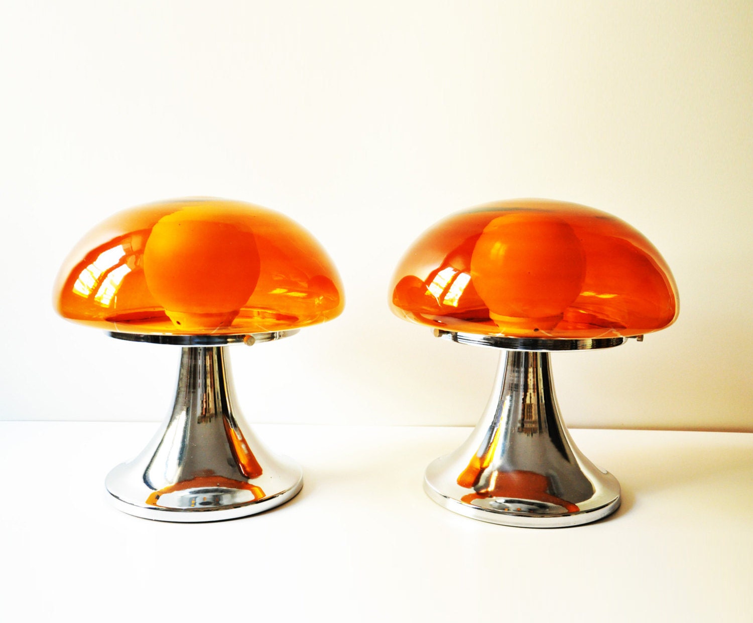 Set of Two Vintage Orange Mushroom Lamps Glass Bedside Lamps