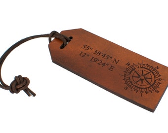 Leather Luggage Tag, Custom Longitude Latitude Tag, Leather Compass Custom Coordinates Tag, Personalized Leather Tag, Custom Luggage Tag