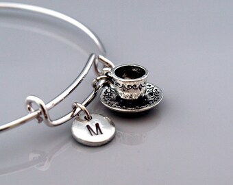 Tea cup and saucer bangle, tea cup bracelet, coffee cup, Expandable bangle, Personalized bracelet, Charm bangle, Monogram, Initial bracelet