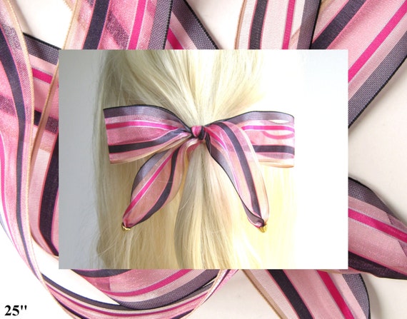 Hair Ribbons, Pink & Black Stripe Organza Hair Ribbons-Hair Accessories, Girl's Hair Ribbons, Women's Hair Ribbons, Hair Ties, "Pink Parade"
