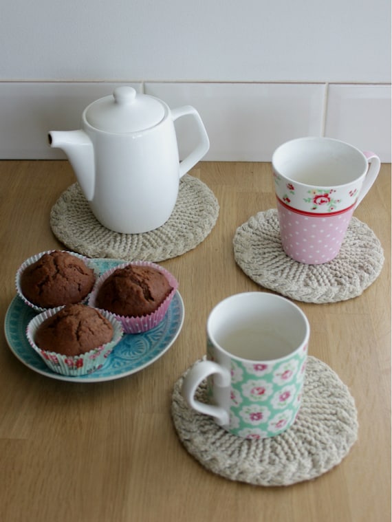 Linen coasters Tea cup kniting coasters Teapot by LovekaKnitting
