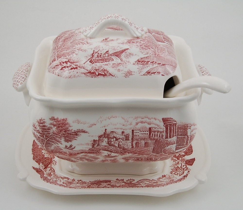 4 Pc. Vintage Red Transferware Tureen Set, Trimont Ware, Made in Japan; Castle, Vintage