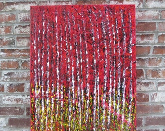 MEDArts Original Landscape palette knife painting 30 x 24 Impasto Red Forest automne Birch trees Aspen Texture colorful red leaves Abstract