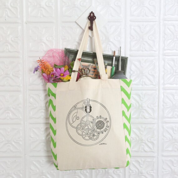Clock Wheels Tote Bag - Screenprinted Canvas Tote Featuring Lime Green ...