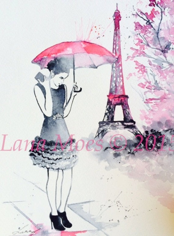 Pink Parisian Fashion Watercolor Illustration Print from