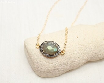 SALE Labradorite Pave Diamond Necklace, Oxidized Sterling Silver, Mixed Metals, Genuine Diamonds